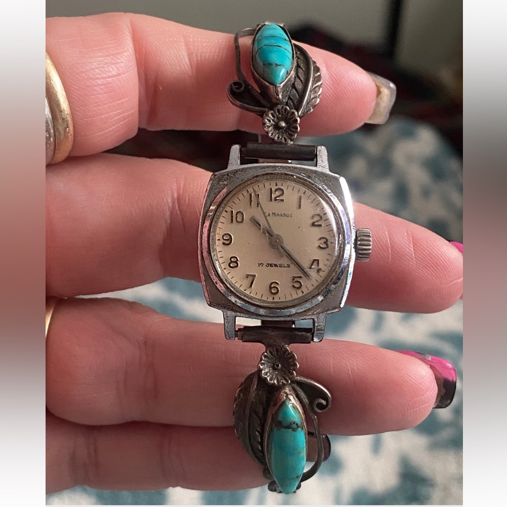 Vintage La Marque 17 Jewels Wind Up Watch With Sterling Silver Tuquoise Bands